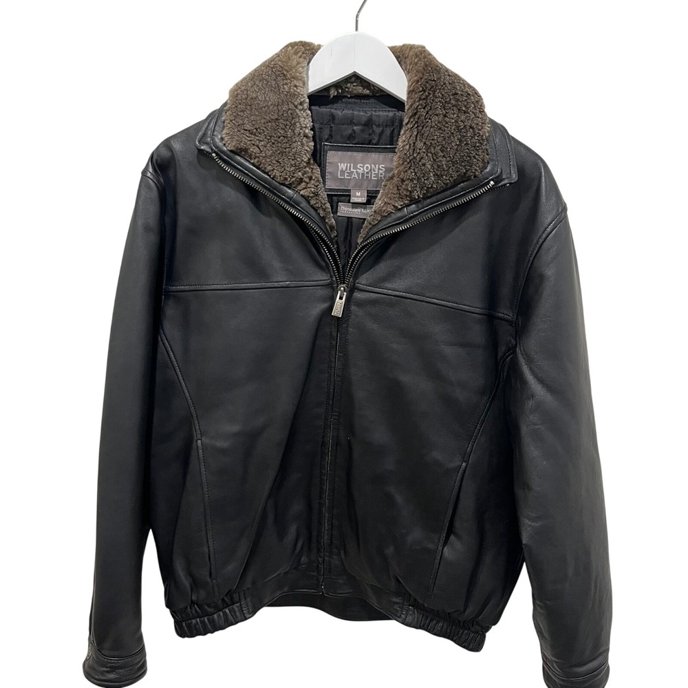 Wilsons Leather Mens Black Bomber Jacket M Faux‎ Fur Removable Collar Thinsulate
